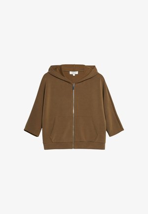 Bruine cropped hoodie met driekwart mouwen, ritssluiting aan de voorkant en een kangaroezak, plat neergelegd met capuchon omhoog.