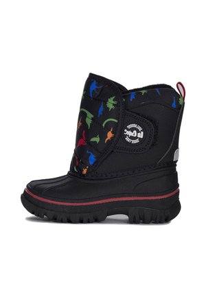 Czarne dziecięce śniegowce z kolorowymi wzorami dinozaurów, gumowymi podeszwami, pikowaną tkaniną, czerwoną paskową akcentem i bocznym zapięciem na rzep.