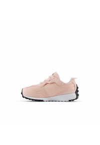 Light pink athletic shoe made of mesh and suede with a black rubber sole, featuring a lace closure and "new balance" branding on the side.