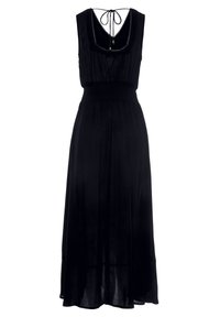 Svart, ärmlös maxiklänning i lätt tyg, med smockad midja och ryggsnöre. Har en rundad ringning och avslappnad passform.