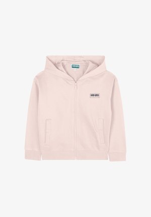 Hoodie zippé rose clair avec poches avant, une capuche et un petit logo "KENZO PARIS" sur la poitrine gauche.