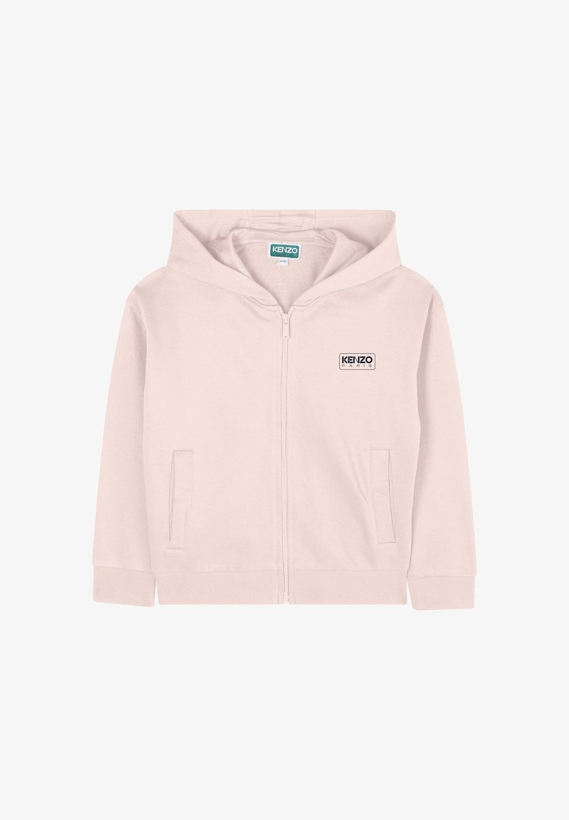 Lichtroze zip-up hoodie met voorzakken, een capuchon en een klein "KENZO PARIS" logo op de linkerborst.