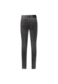 Dunkelgraue Skinny Jeans aus Denim mit hoher Taille, Gesäßtaschen und einfachem Design. Enthält ein "Retour"-Etikett am Bund.
