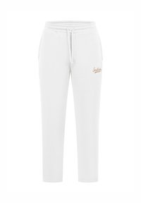 Pantalones de chándal blancos hechos de suave tela de algodón, con una cinturilla elástica con cordón y un pequeño logo marrón en la cadera izquierda.