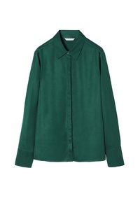 Camicia in seta verde con colletto classico, maniche lunghe e una texture liscia. Presenta chiusura a bottoni e vestibilità su misura.