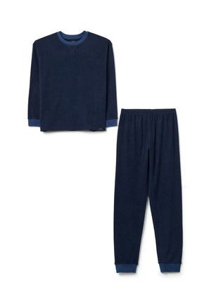 Navyblaues, weiches Fleece-Loungewear-Set, bestehend aus einem Langarmshirt mit rundem Halsausschnitt und einer Hose mit elastischem Bund.