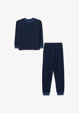 Navy blue soft fleece loungewear set, including a long-sleeve shirt with a round neckline and pants with an elastic waistband.