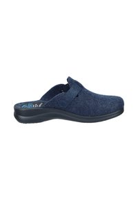 Marinefarbene Filzschuhe mit einer glatten Gummisohle, ausgestattet mit einem Riemen über dem Spann und ausgeschnittenen Löchern für Atmungsaktivität. Leichtes Design.