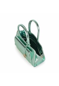 Borsa a tracolla verde menta con una finitura lucida. Presenta due manici, una chiusura con zip e una tasca interna. Forma rettangolare compatta.