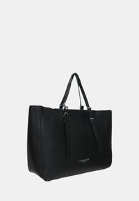 Borsa tote nera in pelle con superficie texture, doppio manico e dettagli in metallo argentato. Presenta il logo del brand in evidenza sul fronte.
