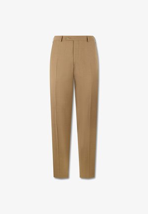 Beige op maat gemaakte nette broek met riemlussen, een knoop aan de voorkant en een verborgen ritssluiting.