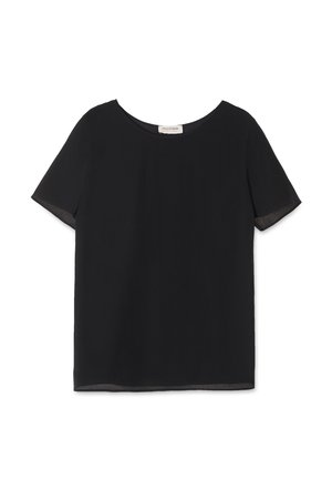 Sort kortærmet top lavet af glat stof. Har en rund halsudskæring og gennemsigtig detalje på ærmerne. Løs pasform med lige kant.