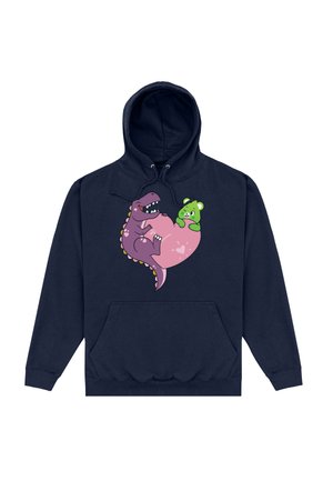 Granatowy hoodie z grafiką fioletowego dinozaura i zielonego misia z różowymi akcentami na brzuszku dinozaura. Z przodu kieszeń kangurza.