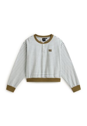 Langärmliges, kurz geschnittenes Shirt mit grauen und weißen horizontalen Streifen, olivgrünem Kragen, Bündchen, Saum und kleinem "Vans"-Logo auf der Brust.