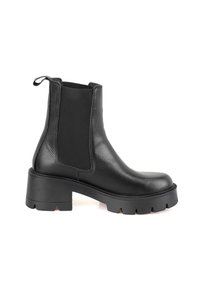 Schwarze Leder-Chelsea-Boots mit elastischen Einsätzen an den Seiten, einem stabilen Absatz und einer strukturierten Oberfläche sowie einer Zuglasche an der Rückseite.