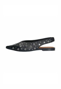 Black leather slingback shoe with a pointed toe, featuring silver grommet accents and a flat sole. Smooth texture with minimal design elements.