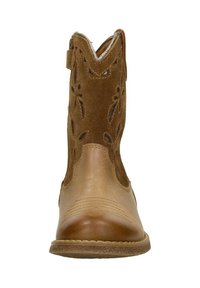 Brown leather ankle boots with suede upper, intricate cut-out floral design, rounded toe, and a stitched sole for added texture.