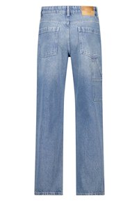 Light blue denim jeans with a straight-leg design, featuring a high waistband, two back pockets, and a leather brand patch on the rear.