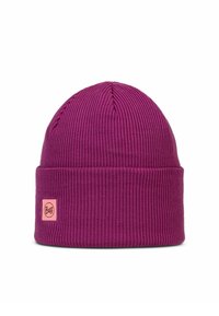 Knitted purple beanie with a ribbed texture, featuring a folded cuff and a small pink logo tag on the side.