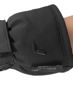 Black fabric arm sleeve with a textured finish, featuring a Velcro strap and a distinct logo detail. Compact design, suitable for active use.