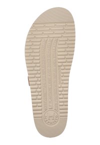 Semelle intérieure en liège avec une semelle en caoutchouc beige texturé présentant des zones de massage surélevées et des lettres en relief, de forme ovale avec des bords arrondis.