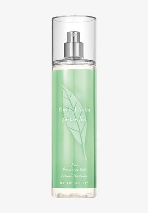 Flacon vaporisateur haut et transparent avec étiquette verte, embout argenté et motif de feuille. Texte : Elizabeth Arden Green Tea, brume parfumée fine 236 ml.