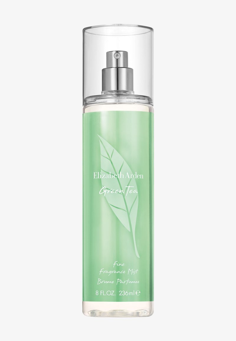 Flacone spray alto e trasparente con etichetta verde, erogatore argento e grafica di foglia. Testo: Elizabeth Arden Green Tea, 236ml mist di profumo fine.