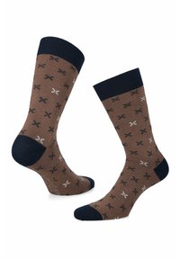 Brązowe skarpetki z granatowymi akcentami, ozdobione wzorem małych czarno-białych nożyczek. Miękkie w dotyku, z wygodnym ściągaczem.