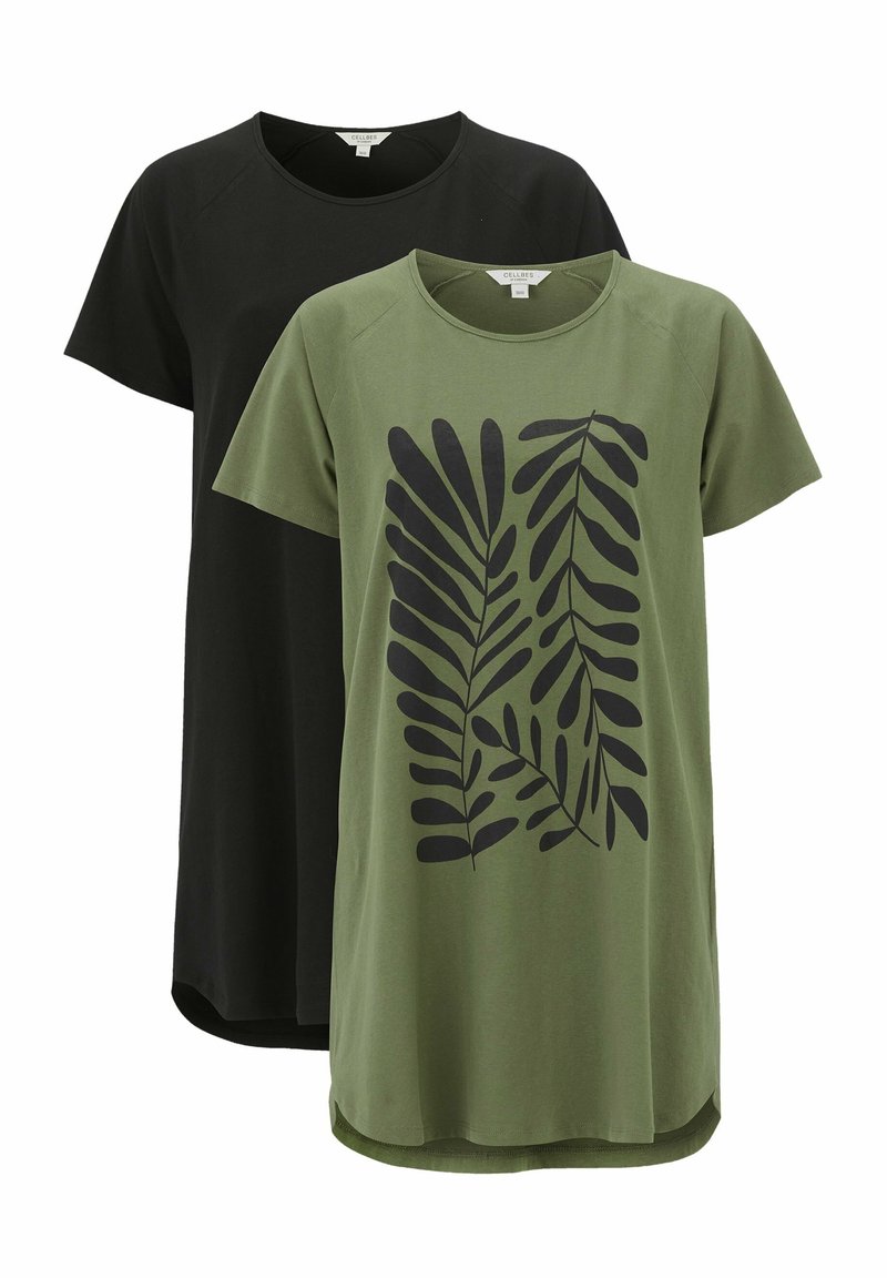 Two t-shirts: one black and one olive green with black leaf print. Both feature short sleeves and a rounded hem.