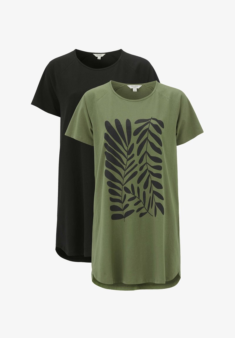 Two t-shirts: one black and one olive green with black leaf print. Both feature short sleeves and a rounded hem.