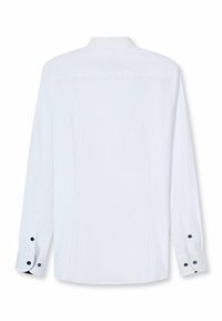 Weißes Langarmhemd mit klassischem Kragen, Manschetten mit dunklen Knöpfen und glatter Stoffstruktur. Rückansicht gezeigt.