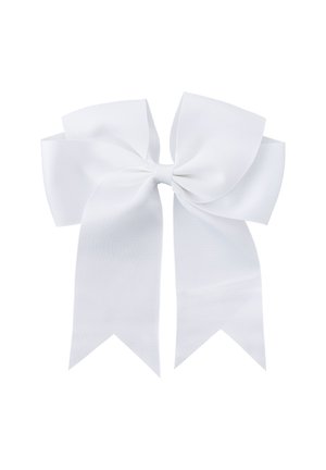 White ribbon bow made of a textured material, featuring wide loops and two long, pointed tails that hang down.