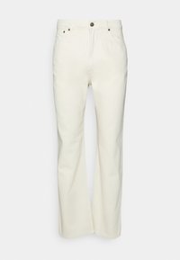 Weiße Baumwollhosen mit klassischem gerade geschnittenem Design, ausgestattet mit einem Knopfverschluss und fünf Taschen. Glatte Textur mit minimalen Details.