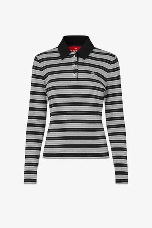 Long-sleeve polo shirt in alternating black and gray stripes. Features a black collar, three-button placket, and a logo on the chest.