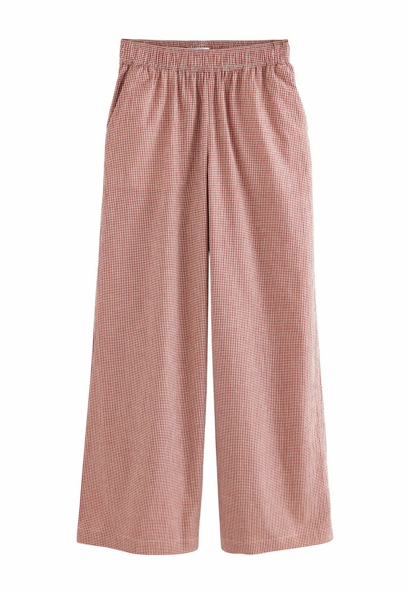 Wide-leg trousers in a red and white checkered pattern, featuring an elastic waistband for comfort. Made from lightweight fabric.