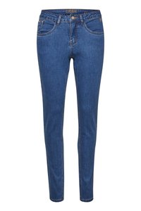 Jean skinny bleu foncé en denim, dotés de poches avant, d'une fermeture à bouton et de détails de couture subtils.