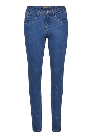 Jeans skinny blu scuro realizzati in denim, con tasche frontali, chiusura con bottone e dettagli di cucitura discreti.