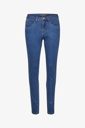 Tmavě modré skinny džíny vyrobené z denimové tkaniny, se předními kapsami, zapínáním na knoflík a jemnými detaily prošívání.