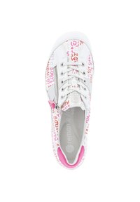 White sneaker with pink and orange graffiti-style text. Features a side zipper, round toe, and smooth leather texture. Accented with a pink heel tab.