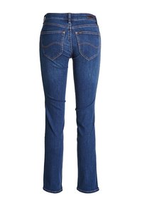 Blå denimjeans med rak bendesign, fem fickor, kontrasterande sömmar och midjehöjd. Bakvyn visar två bakfickor.