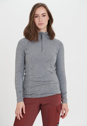 Gray long-sleeve pullover with a zip collar, made from a lightweight, textured fabric. It features seam accents and a fitted design.
