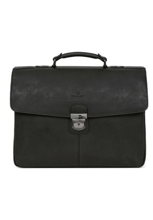 Black leather briefcase with a flap closure, silver hardware, and stitching details. Features a top handle for easy carrying.