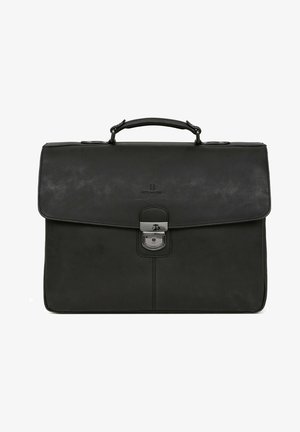 Zwarte leren aktetas met een klepsluiting, zilveren hardware en stikdetails. Voorzien van een handvat bovenaan voor gemakkelijke draagbaarheid.