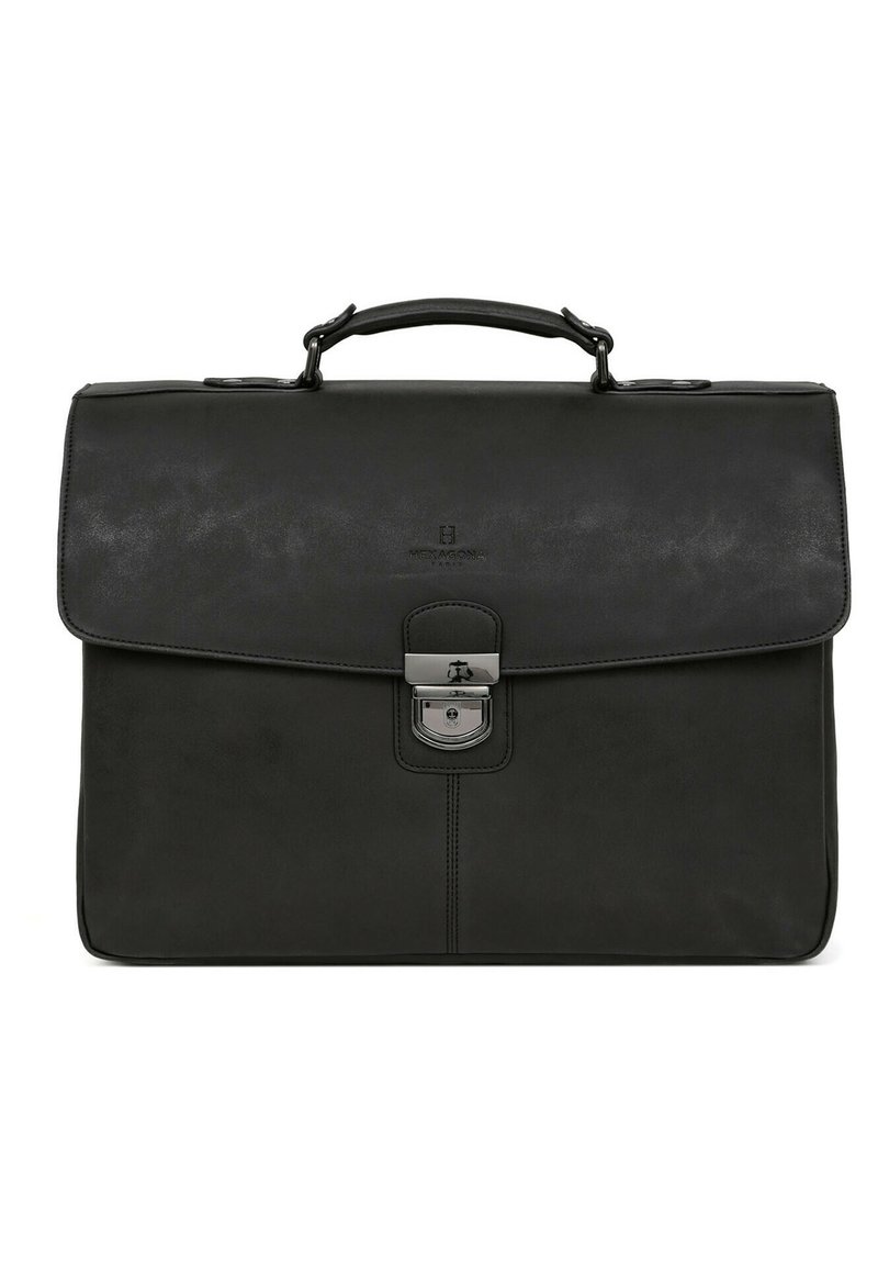 Czarna skórzana teczka na dokumenty z zamkiem klapowym, srebrnymi elementami i detalami w szwach. Posiada górną rączkę ułatwiającą noszenie.