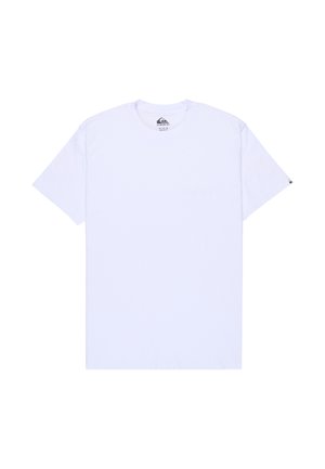 White cotton t-shirt, short sleeves, crew neck, featuring a subtle logo on the chest and a small label on the sleeve. Smooth texture.