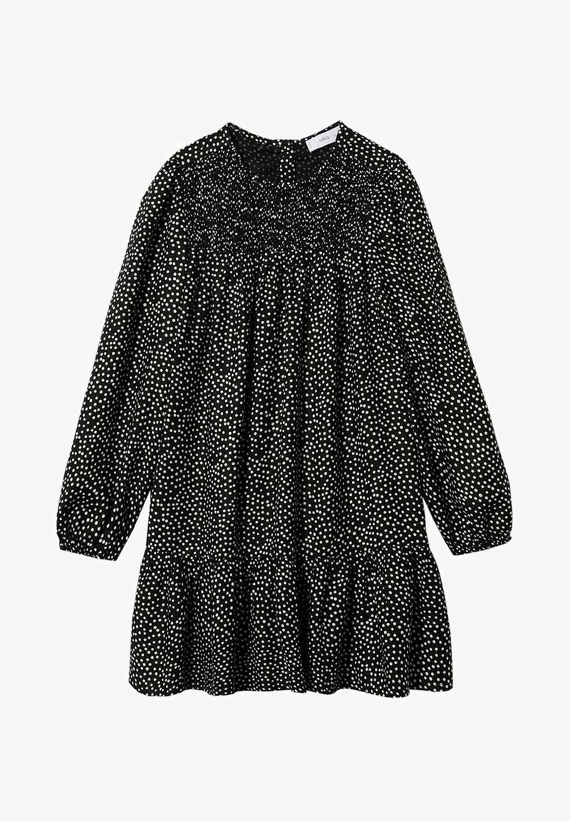 Robe noire à manches longues avec des pois blancs, encolure froncée, poignets élastiques et ourlet à volants.