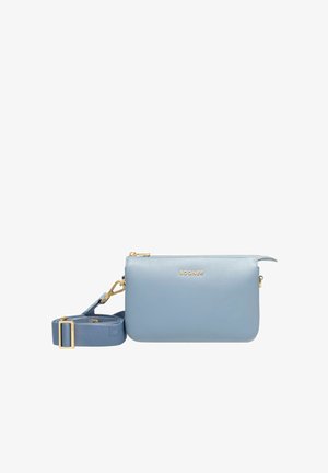 Borsa a tracolla in pelle azzurro chiaro con superficie texturizzata, dettagli in hardware dorato, chiusura con zip e tracolla regolabile. Design semplice.