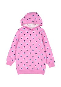 Pink hooded sweatshirt with a soft texture, featuring a repeated pattern of small blue and navy arrows, and light pink accents.