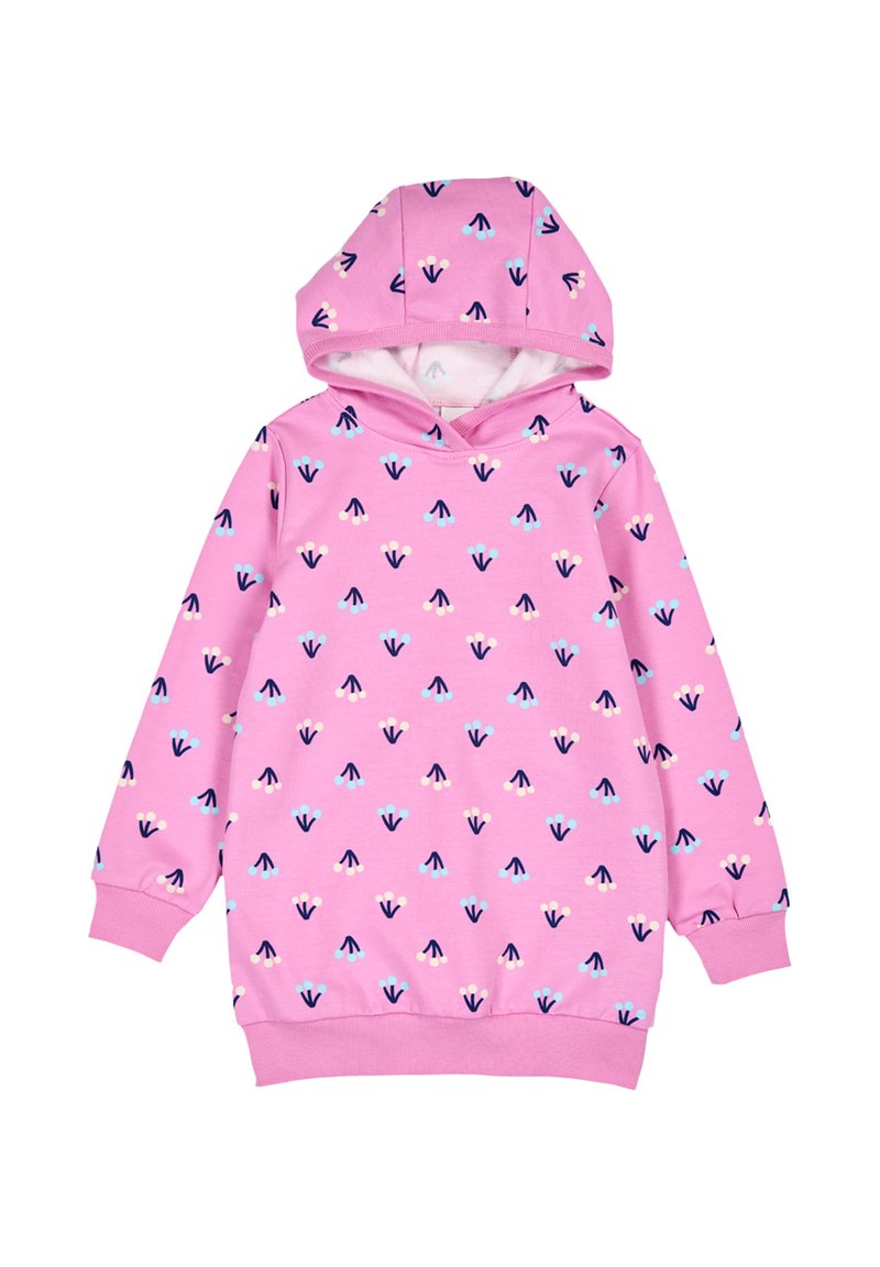 Pink hooded sweatshirt with a soft texture, featuring a repeated pattern of small blue and navy arrows, and light pink accents.