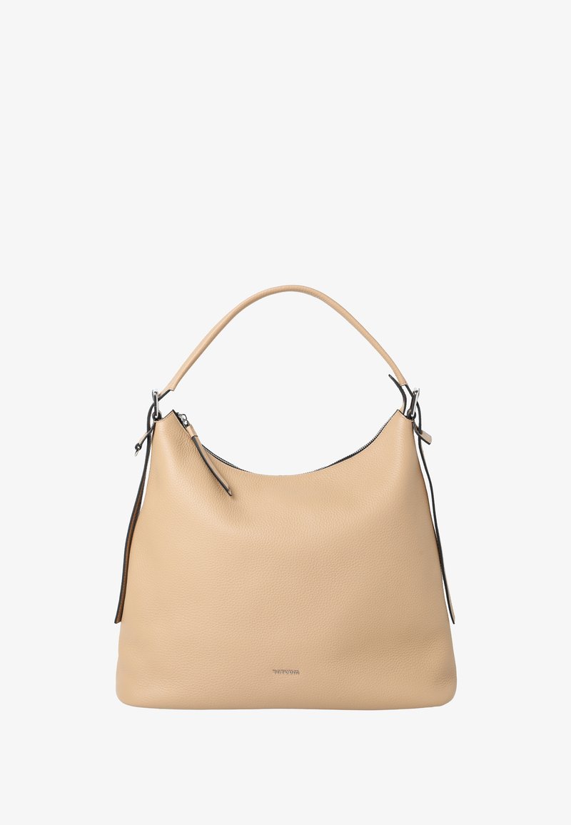 Beige læder hobo taske med en buet silhuet, enkelt håndtag, sort lynlåsdetalje og en subtil tekstureret overflade for ekstra visuel interesse.